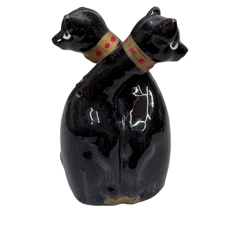 Vintage Black Cat Ceramic Salt & Pepper Joined Shakers Double-Sided Mid-Century